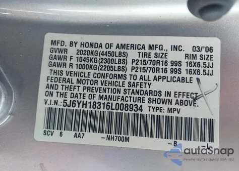 2006 Honda Element Lx from USA, damaged, VIN 5J6YH18316L008934